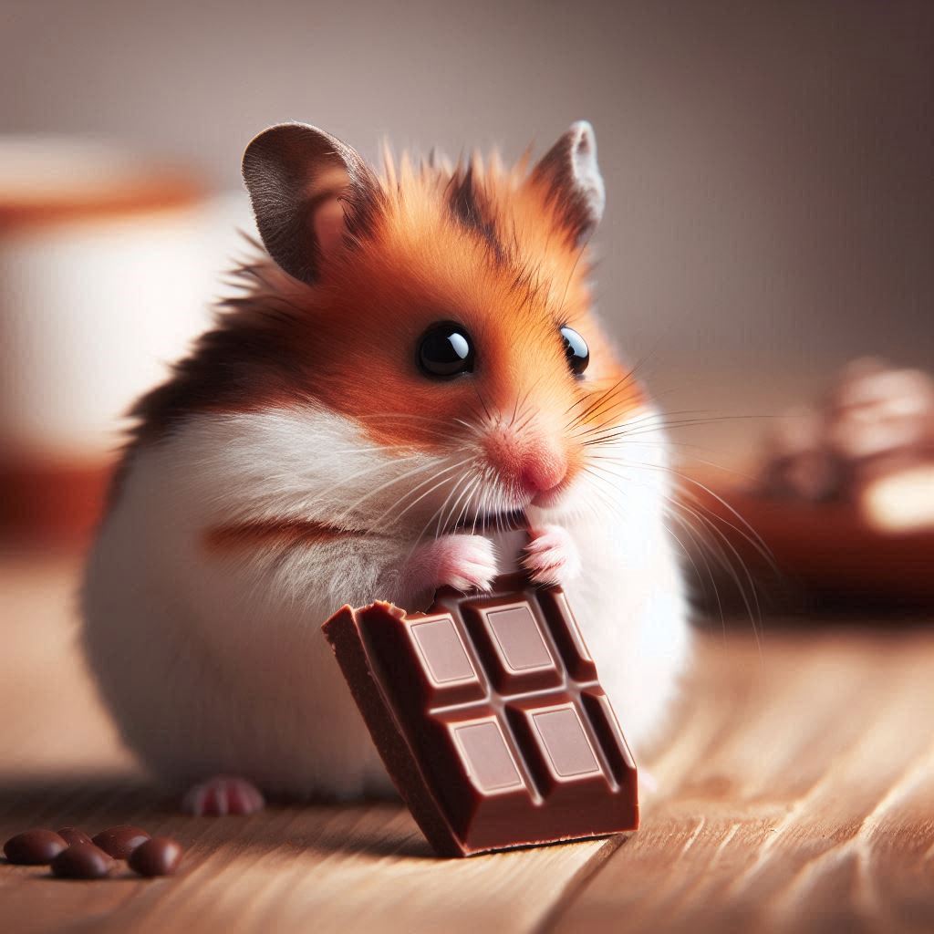 a hamster nibbling on a piece of chocolate