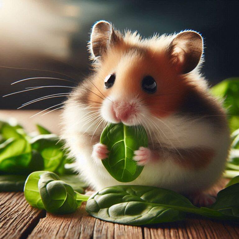 a hamster nibbling on a small piece of spinach