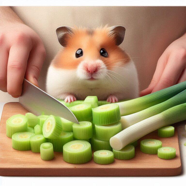 a hamster looking at some chopped up leeks