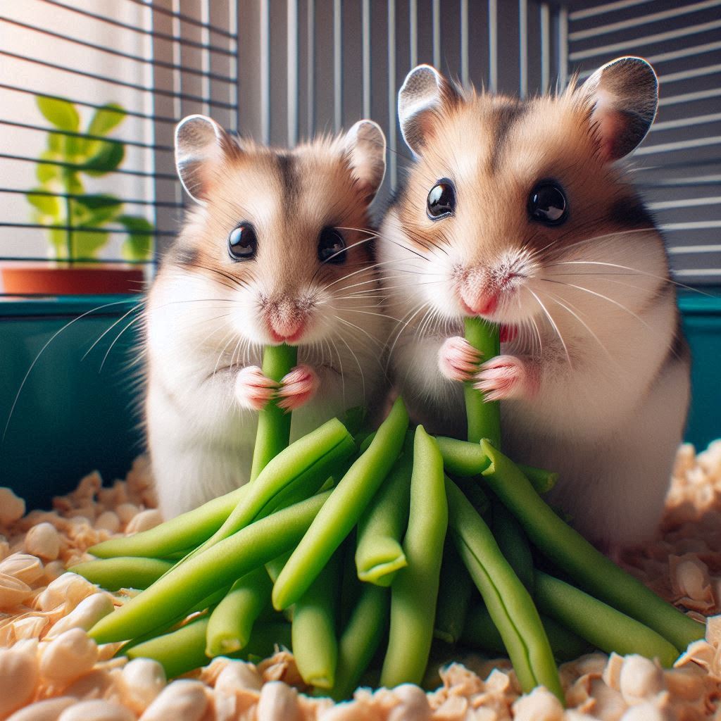 two hamsters eating some fresh green beans