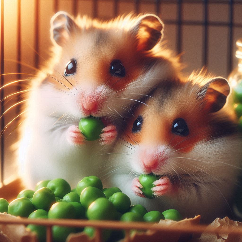 two hamsters nibbling on some fresh peas in their cage