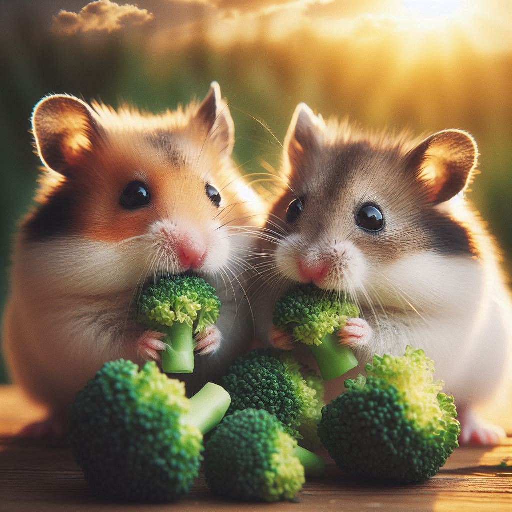 two hamsters eating some fresh raw brocolli florets