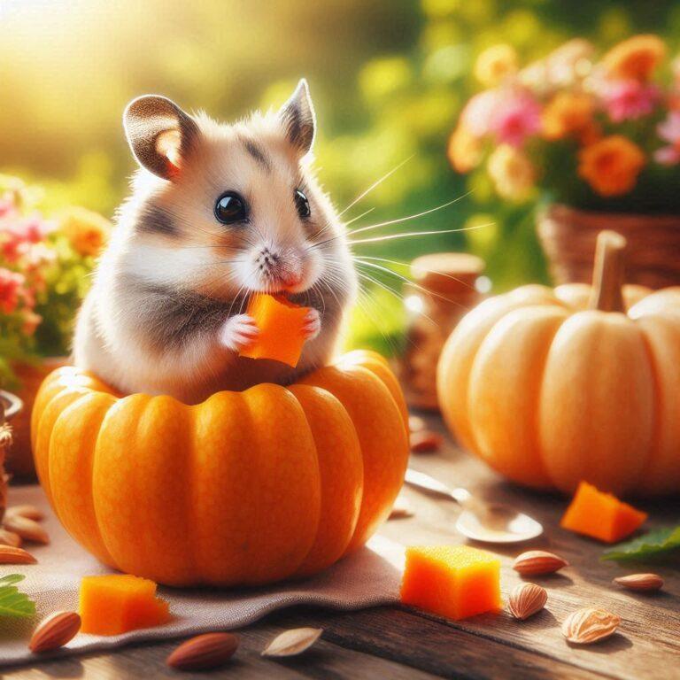 a hamster eating some fresh pumpkin