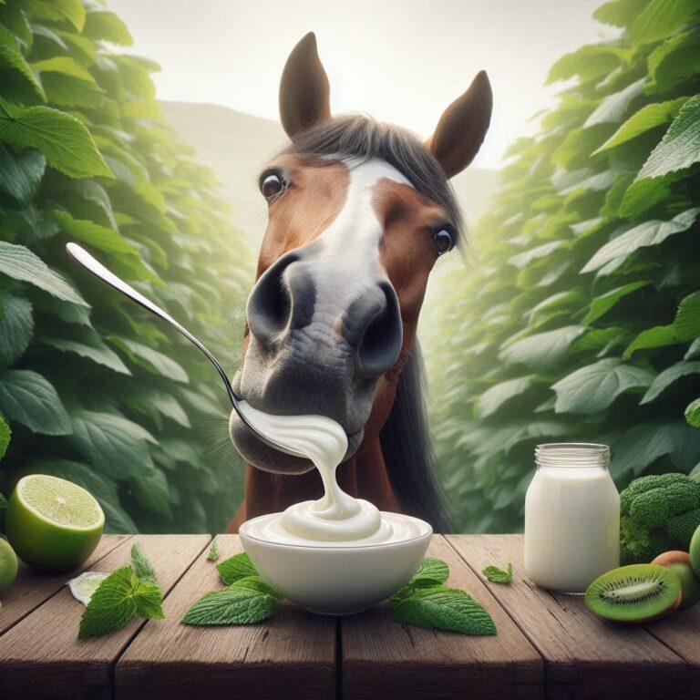 a horse being a spoon of fresh greek yoghurt