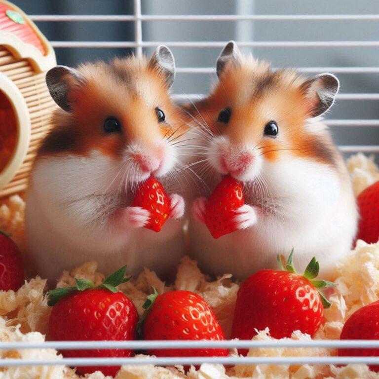 two hamsters nibbling on some fresh strawberries in their cage