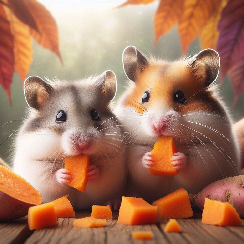 two hamsters eating some fresh small pieces of cooked sweet potato