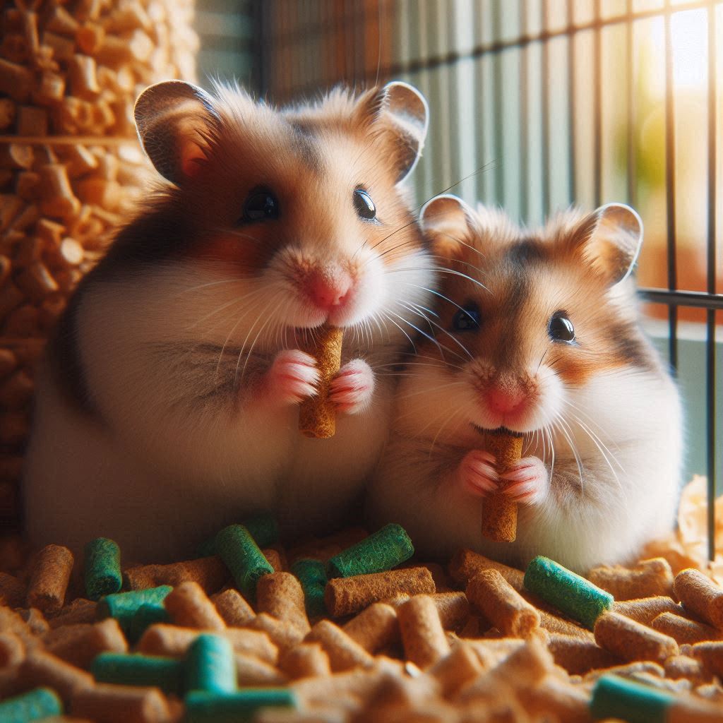 two hamsters eating some healthy pellets in their cage