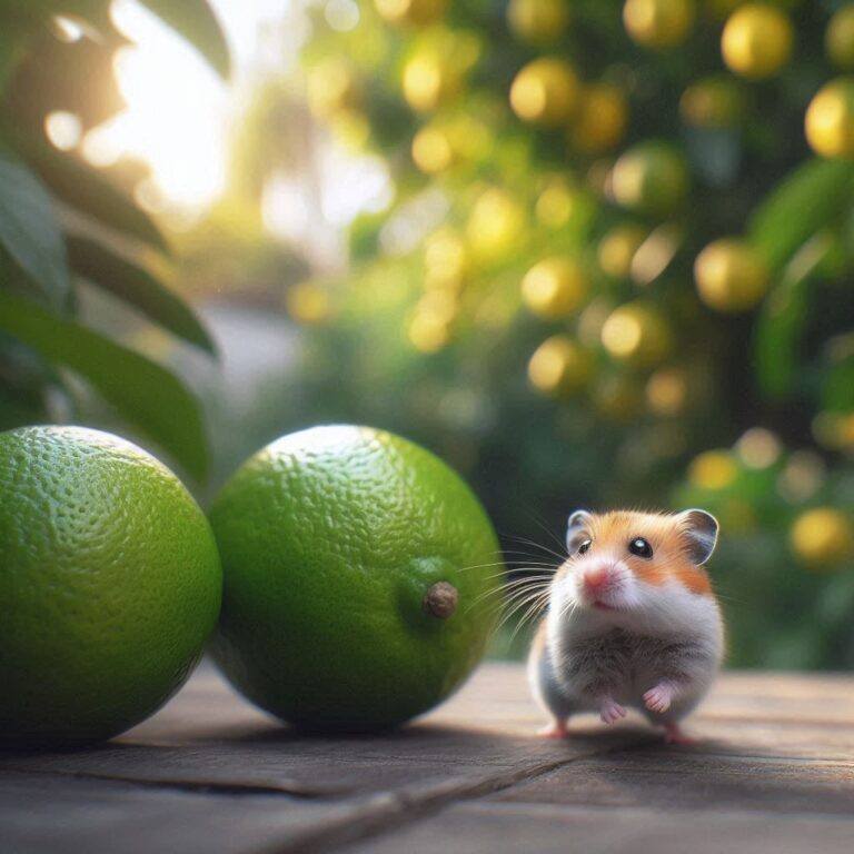 a cute hamster walking past some fresh limes