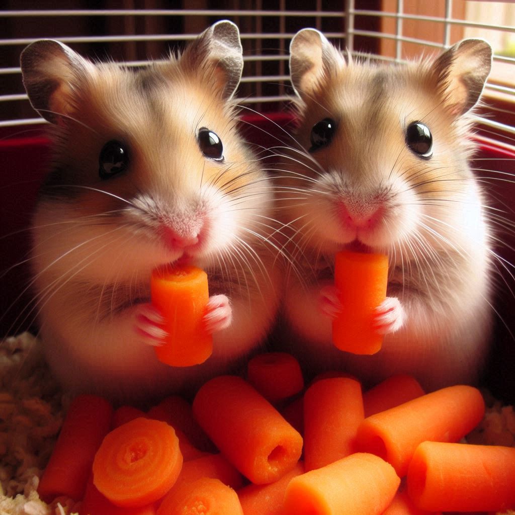 two hamsters snacking on some fresh pieces of carrot