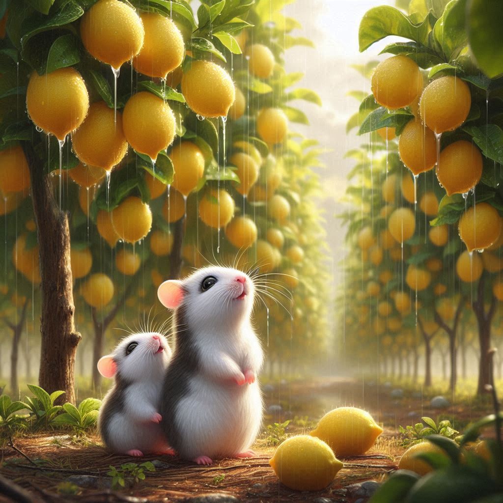 two hamsters looking up at some fresh lemons growing o trees