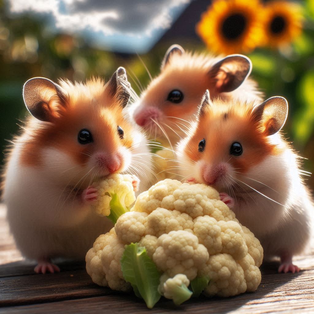 three hamsters nibbling on some cauliflower florets