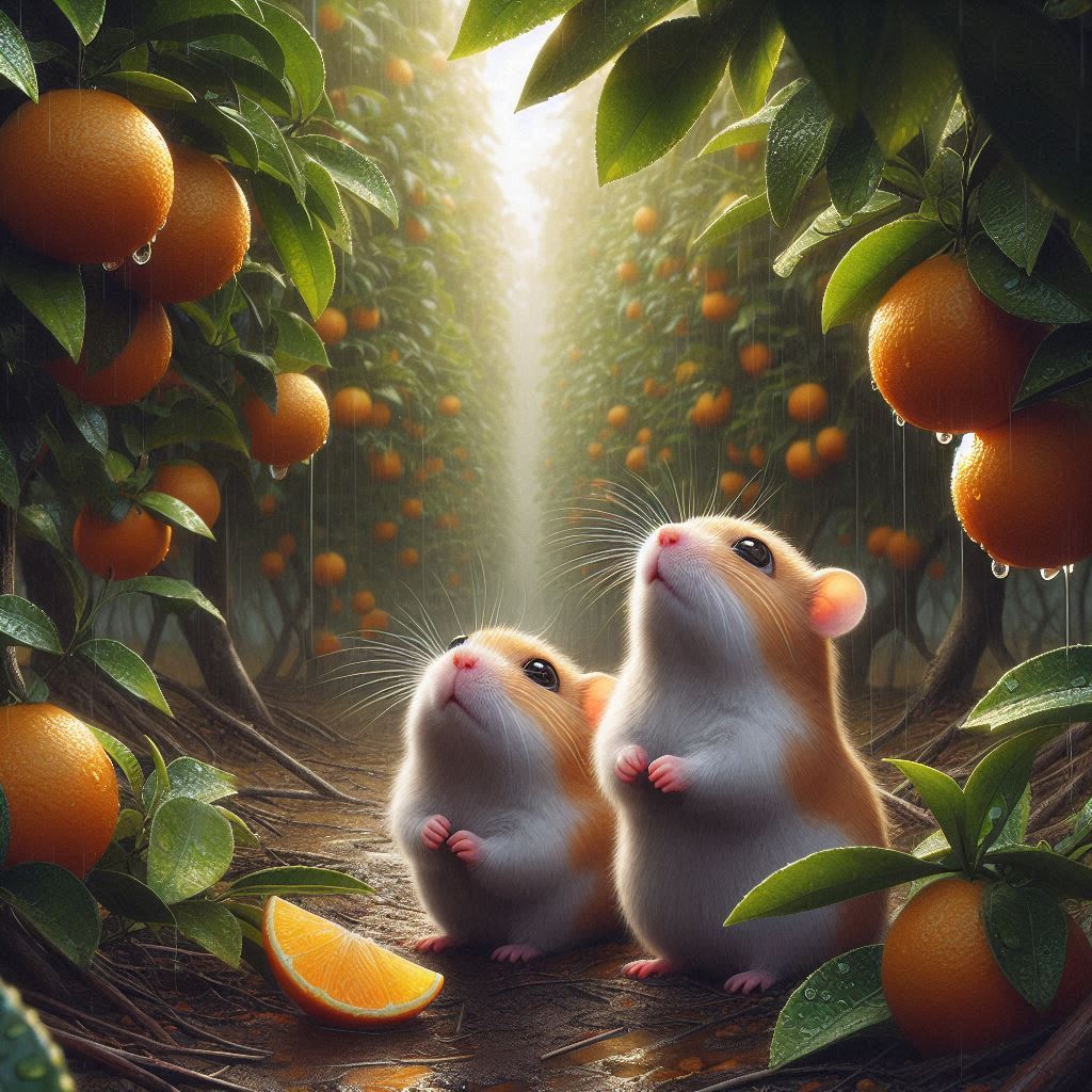 two hamsters looking up at some fresh oranges growing in an orchard