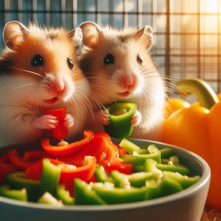 two hamsters eating some fresh bell peppers in their cage