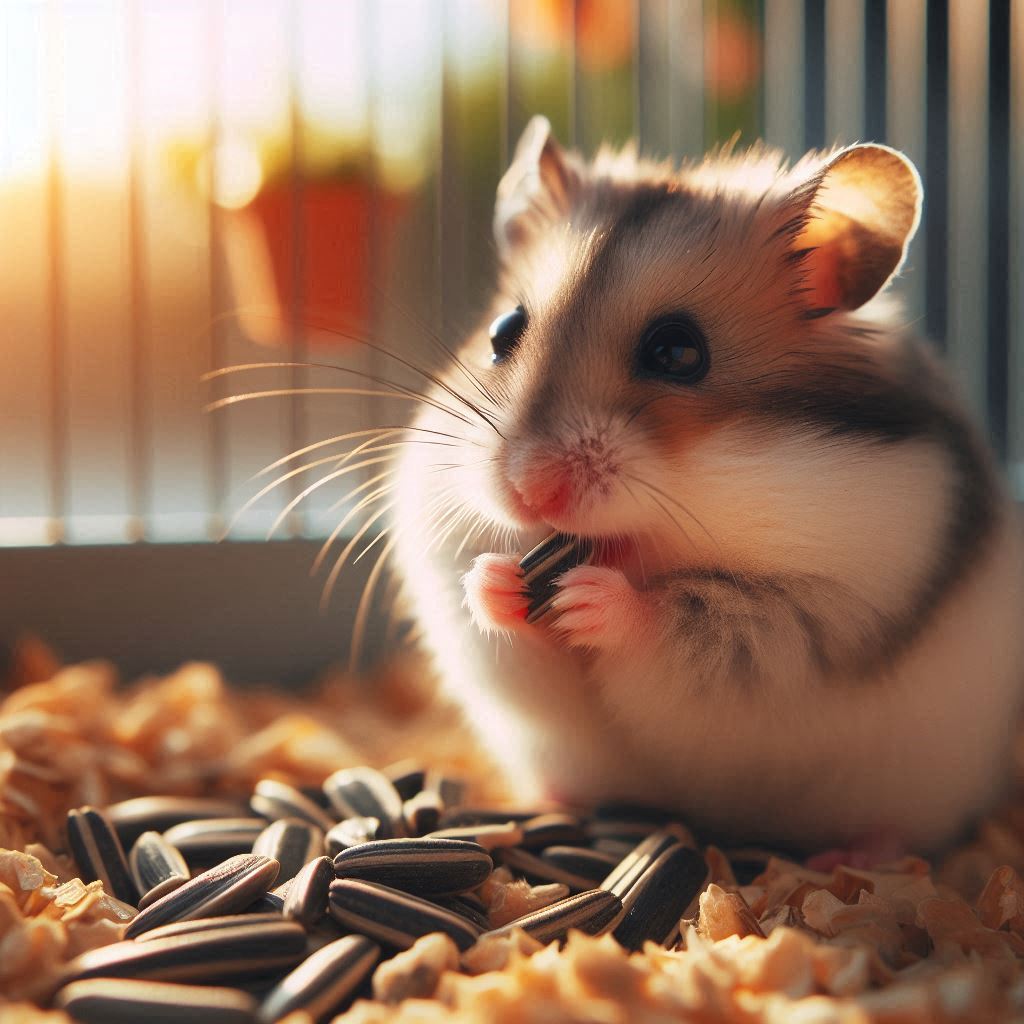 a hamster nibbling on some fresh sunflower seeds in its cage