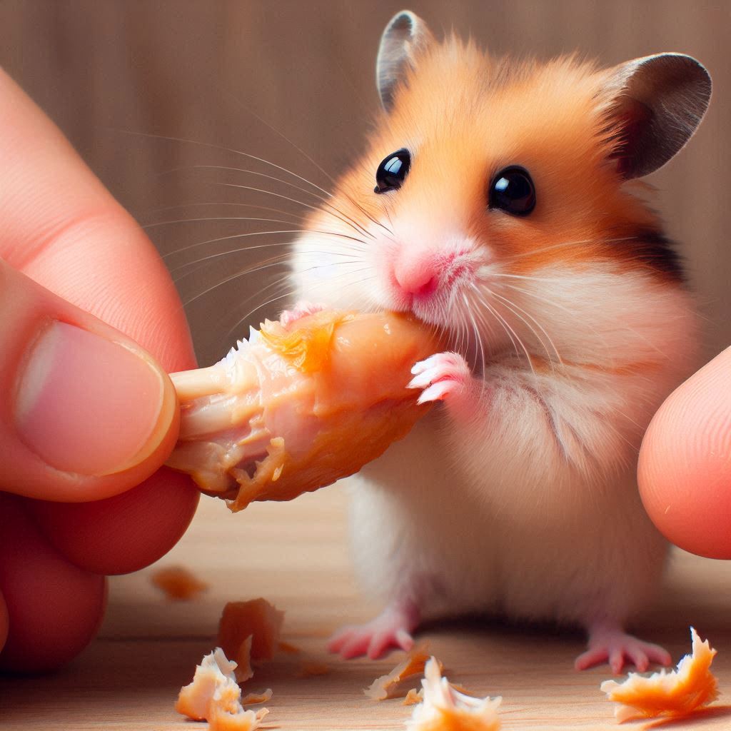 a hamster being fed a small piece of cooked chicken