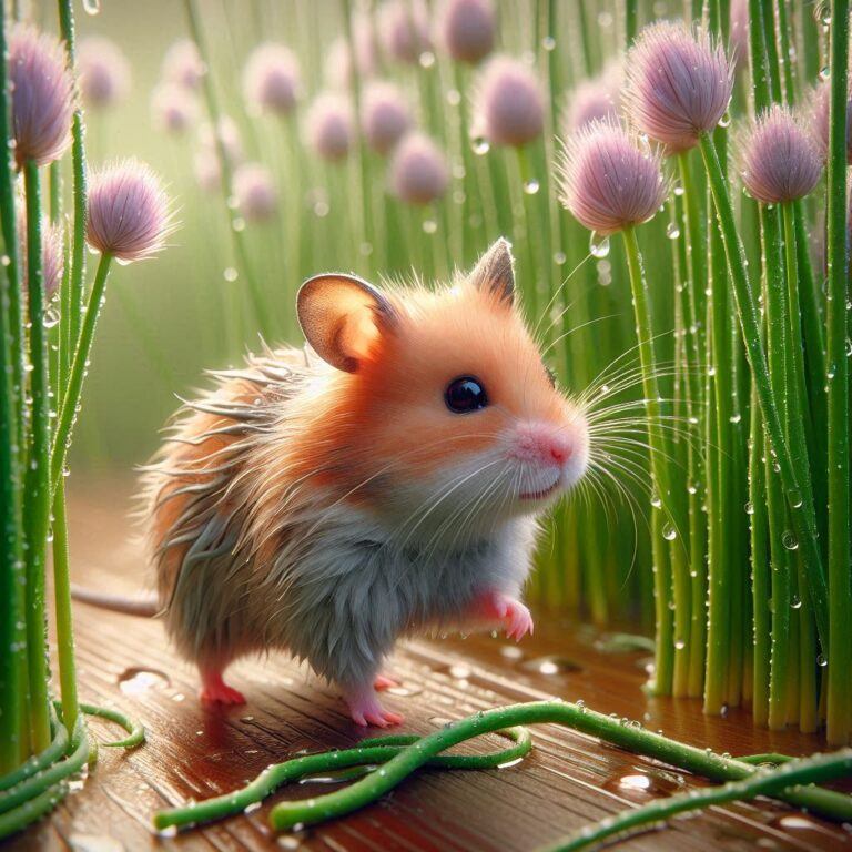 a hamster walking past some chives