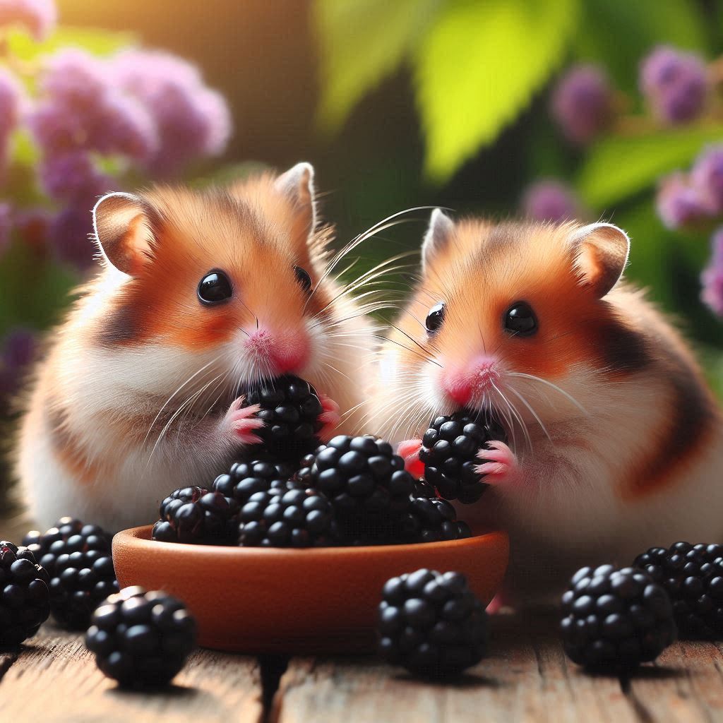 two hamsters eating some fresh blackberries