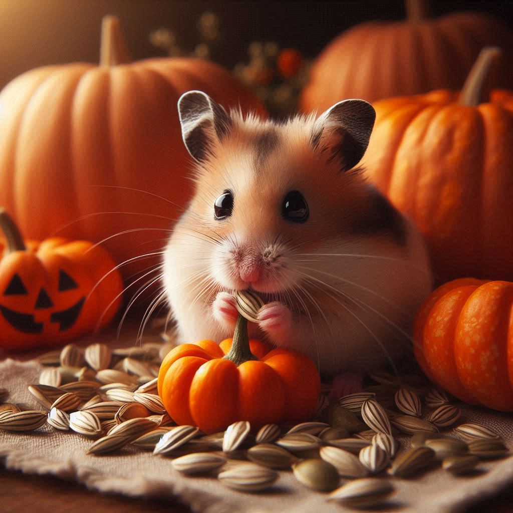 a hamster eating a very small portion of pumpkin seeds