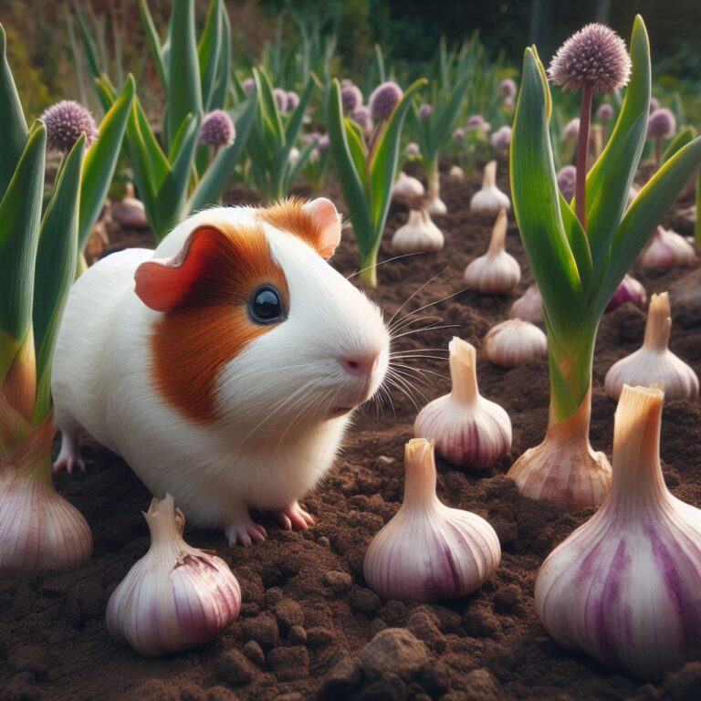 a guinea pig walking past some garlic growing in a garden