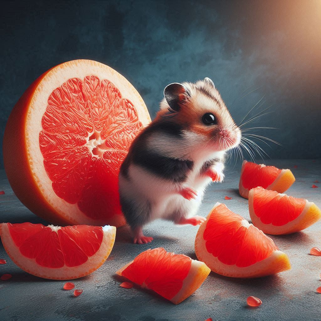 a cute hamster looking away from some fresh slices of grapefruit