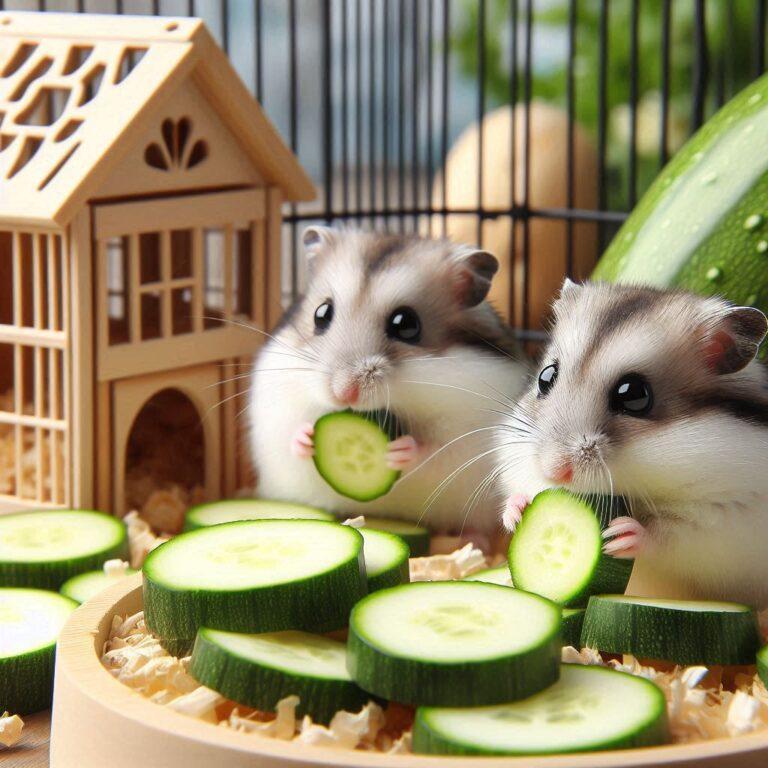 two hamsters eating some fresh slices of zucchini in their cage