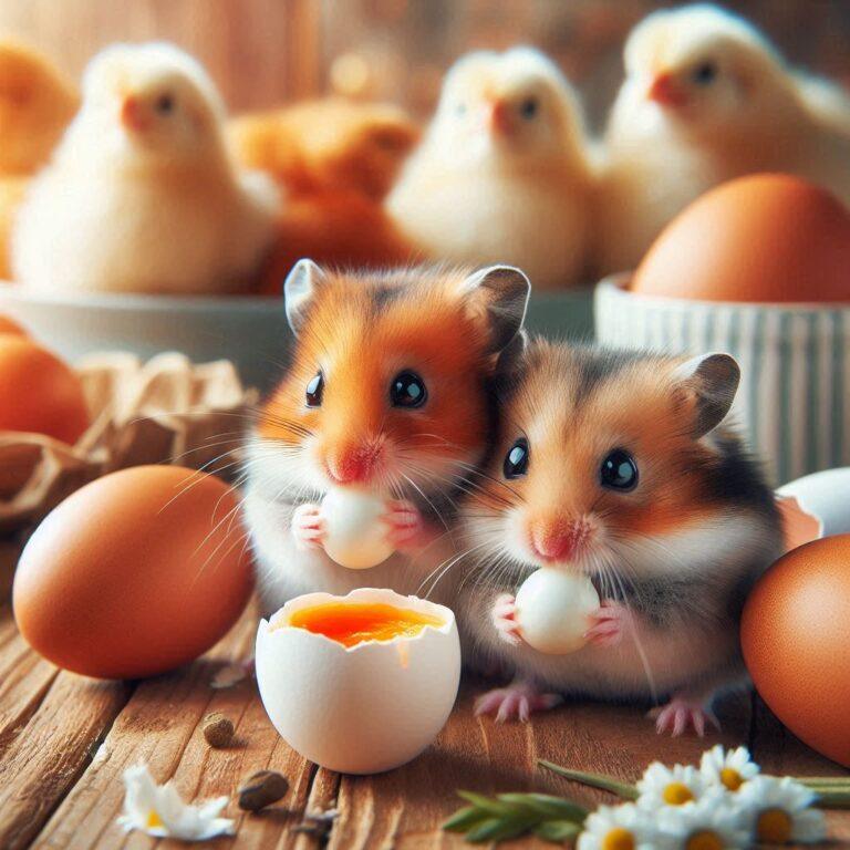 two hamsters eating some boiled egg with a few chicks in the background