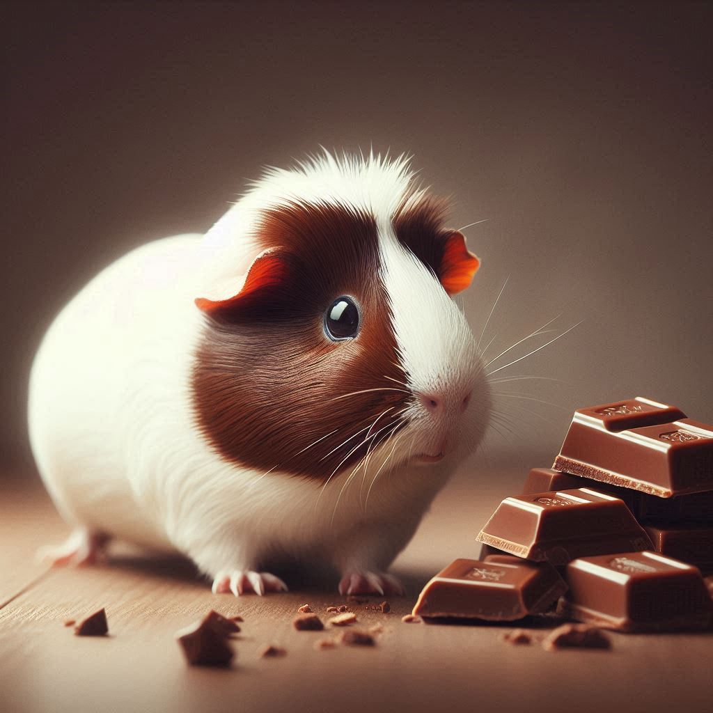 a guinea pig staring at some chunks of chocolate