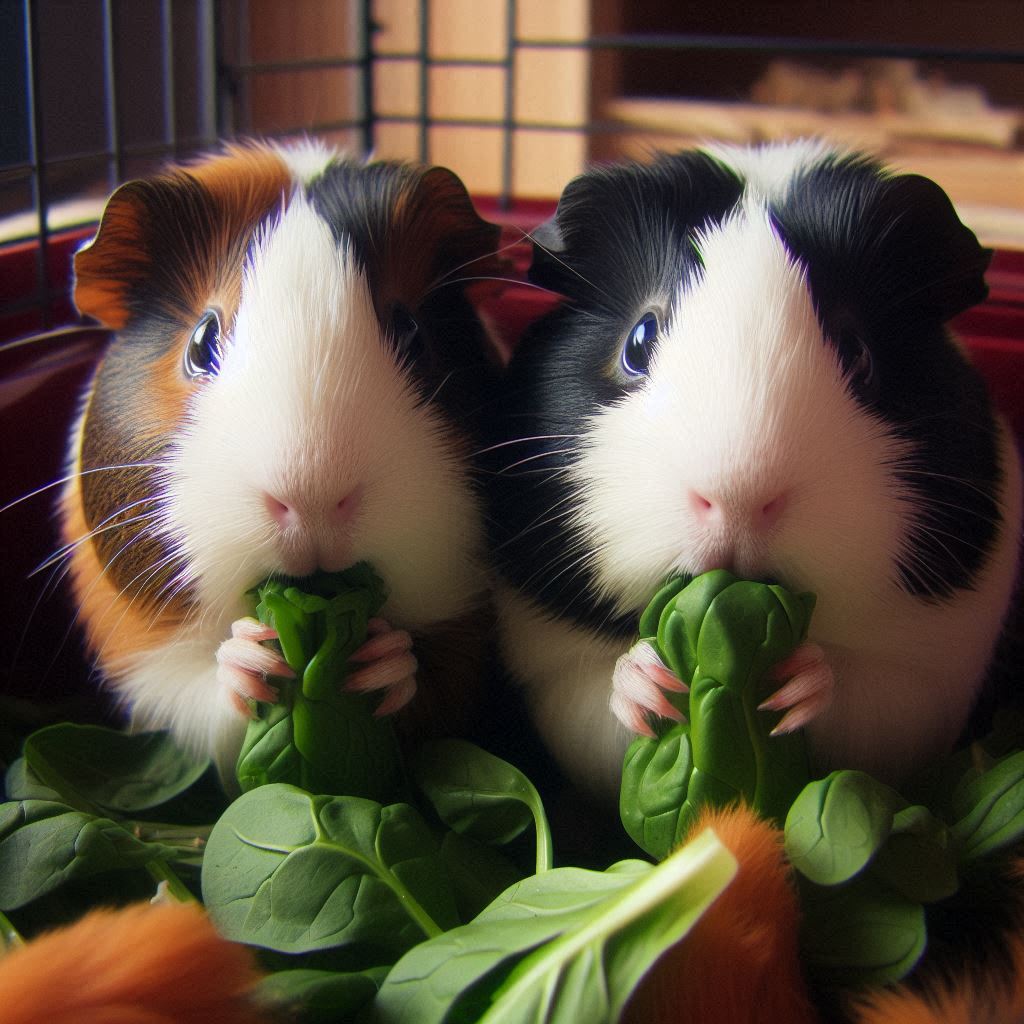 two guinea pigs eating some fresh spinach leaves in their cage