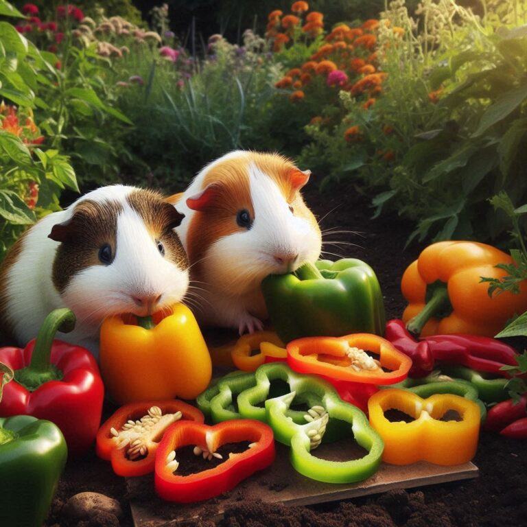 two guinea pigs nibbling on some fresh slices of bell pepper