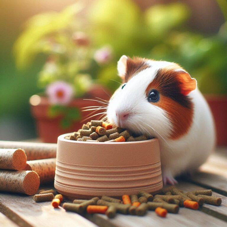 a guinea pig eating some pellets from a bowl in the garden