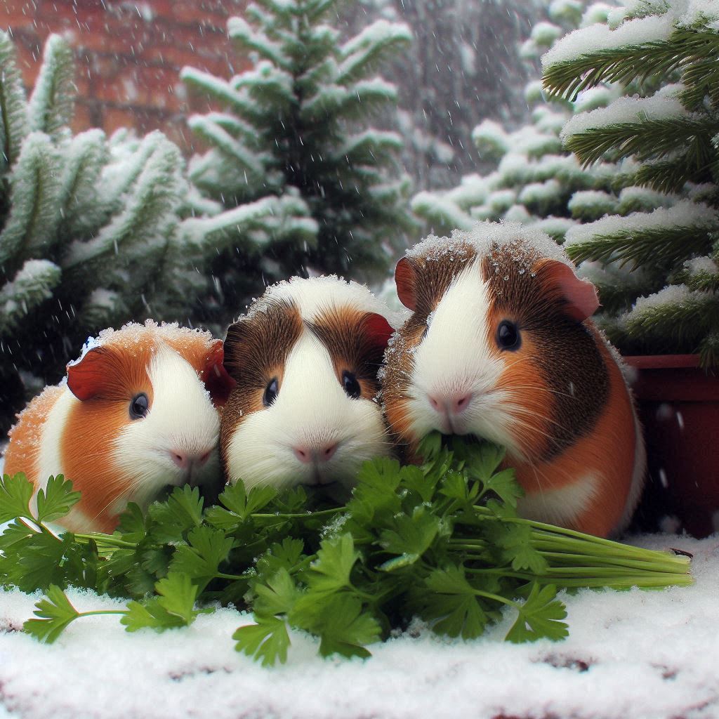 three guinea pigs eating some fresh parsley in the garden on a snowy day