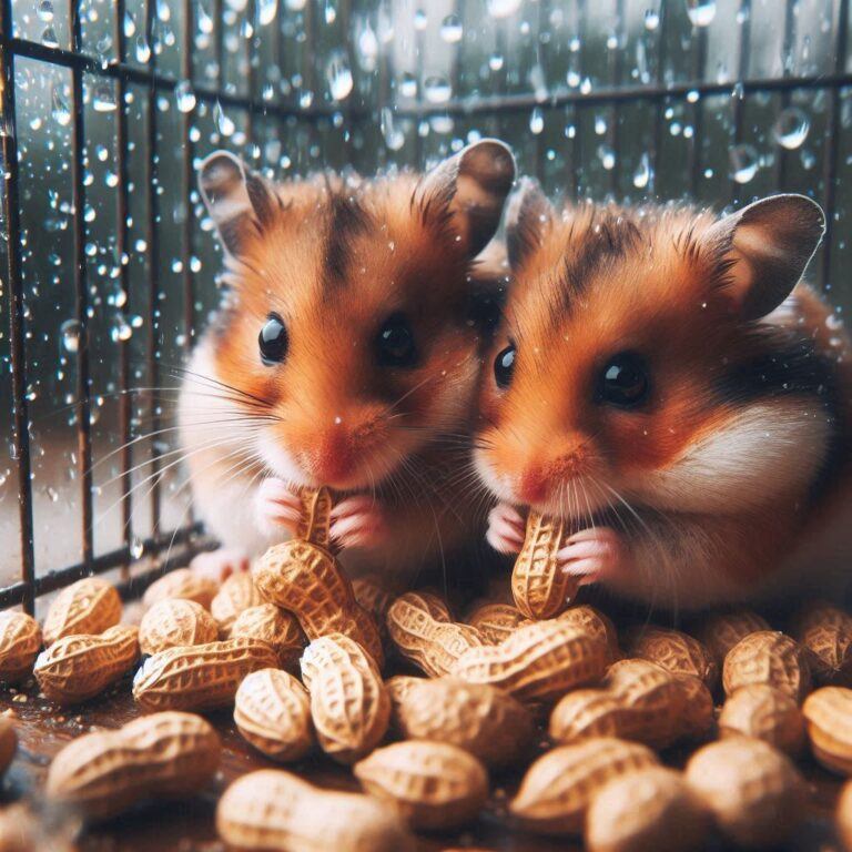 a couple of hamsters nibbling on some plain peanuts in their cage on a rainy day