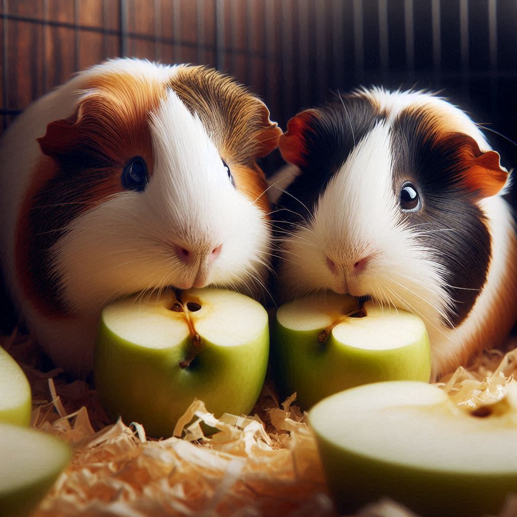 two guinea pigs nibbling on some fresh apple slices