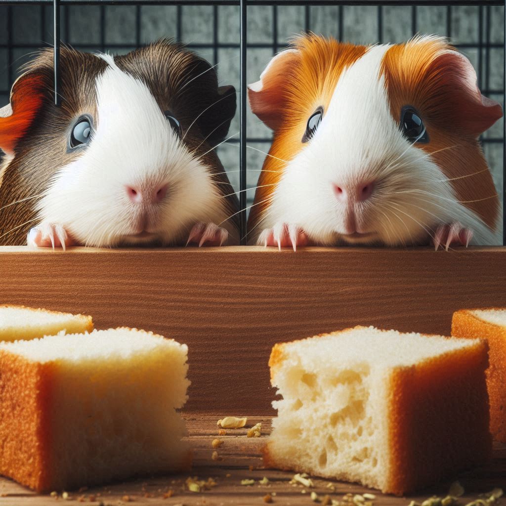 two guinea pigs looking at some pieces of bread