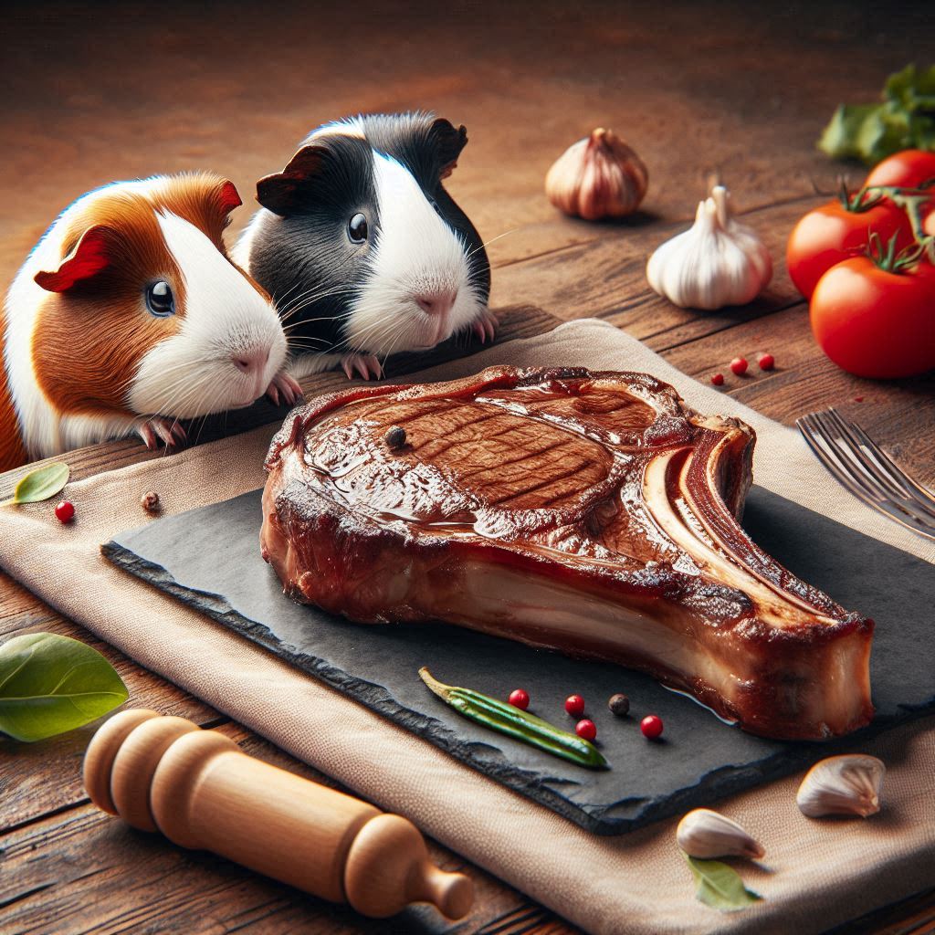 two guinea pigs looking at a freshly grilled ribeye steak