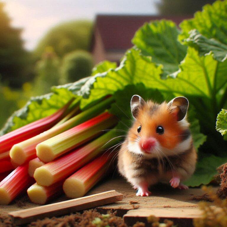 a hamster walking away from some fresh rhubarb