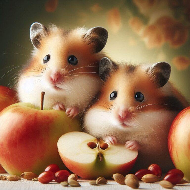 two hamsters looking at some apples with seeds