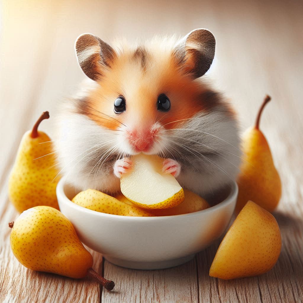 a hamster nibbling on a small piece of fresh pear