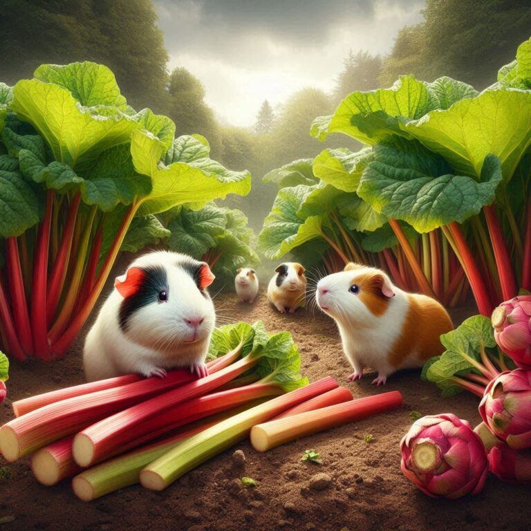 some guinea pigs walking past some rhubarb in a garden