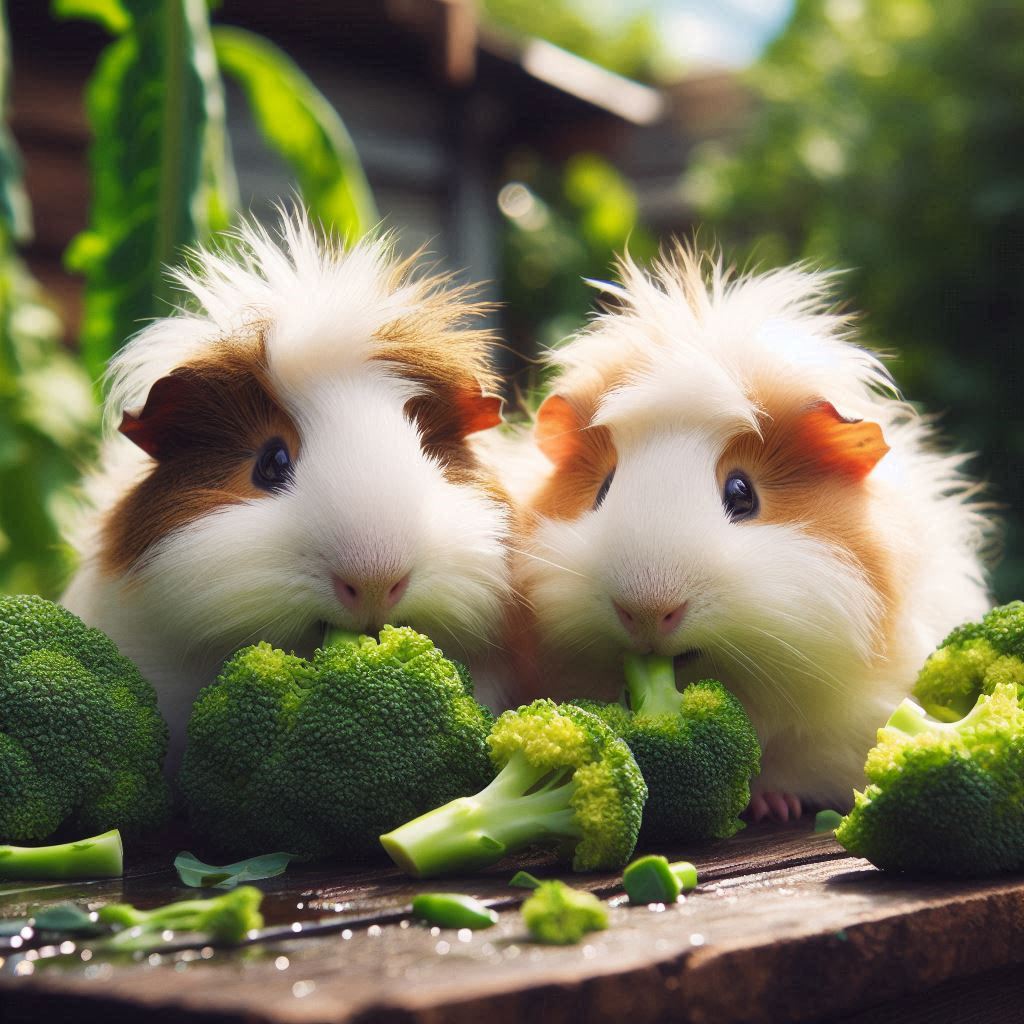 two guinea pigs nibbling on some fresh broccoli florets