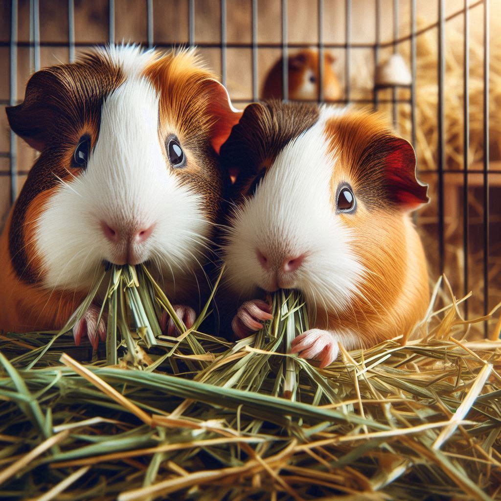 two guinea pigs eating some fresh hay in their cage