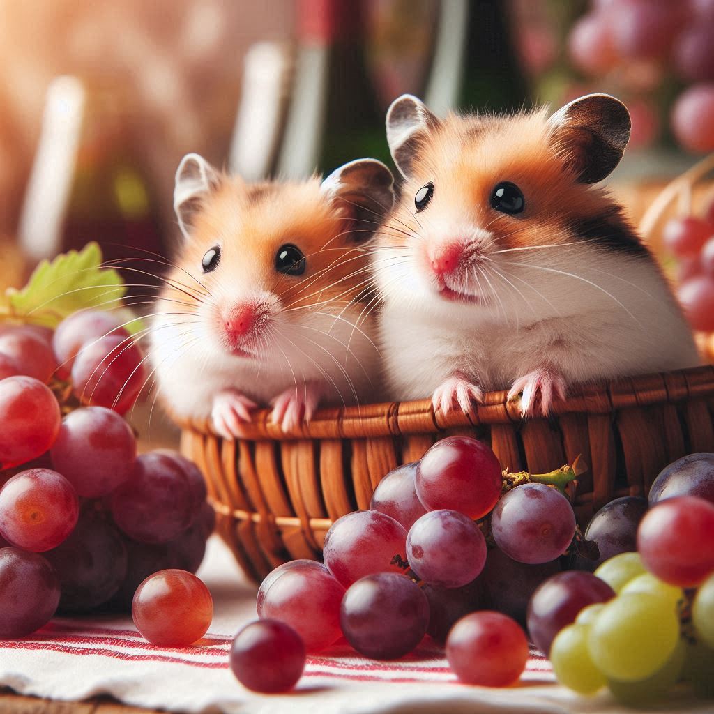 two hamsters looking at some grapes