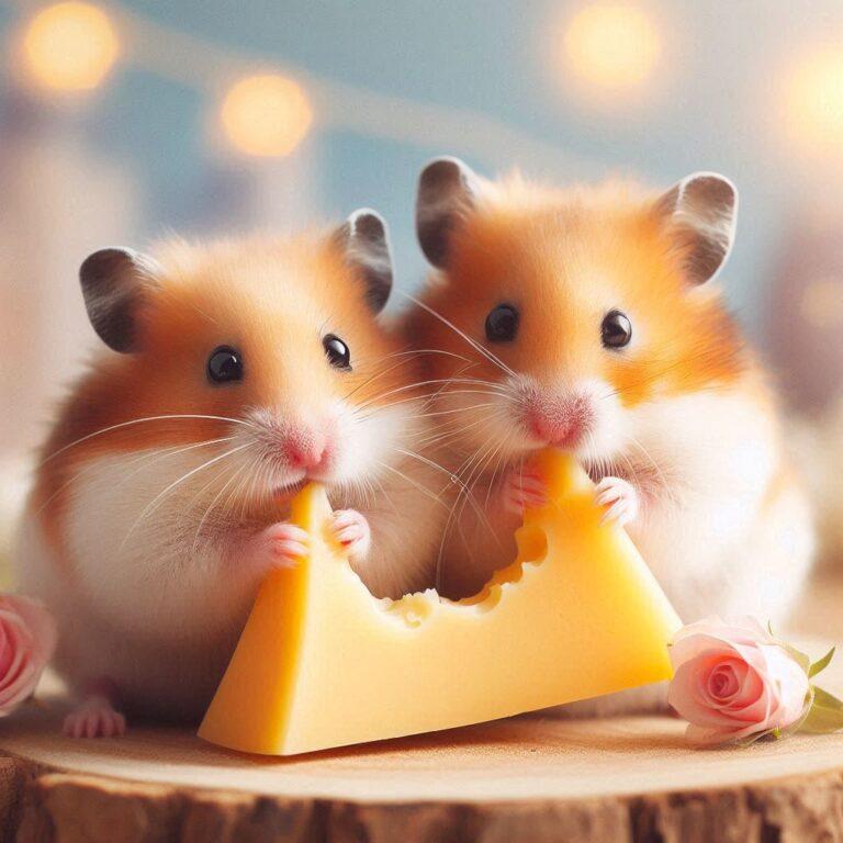 two little hamsters nibbling on a piece of fresh cheese