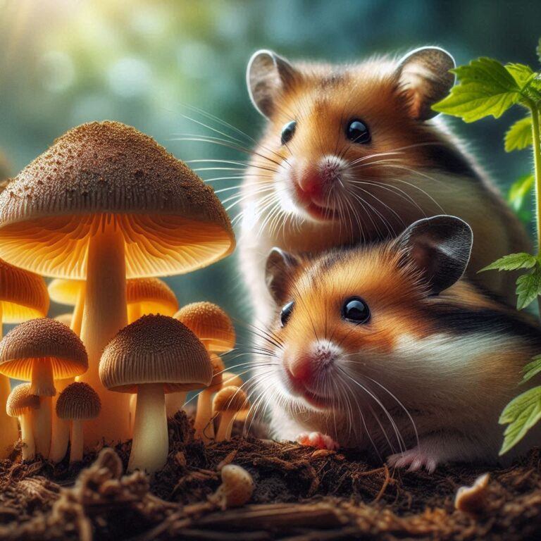 two hamsters looking at some fresh mushrooms growing outside