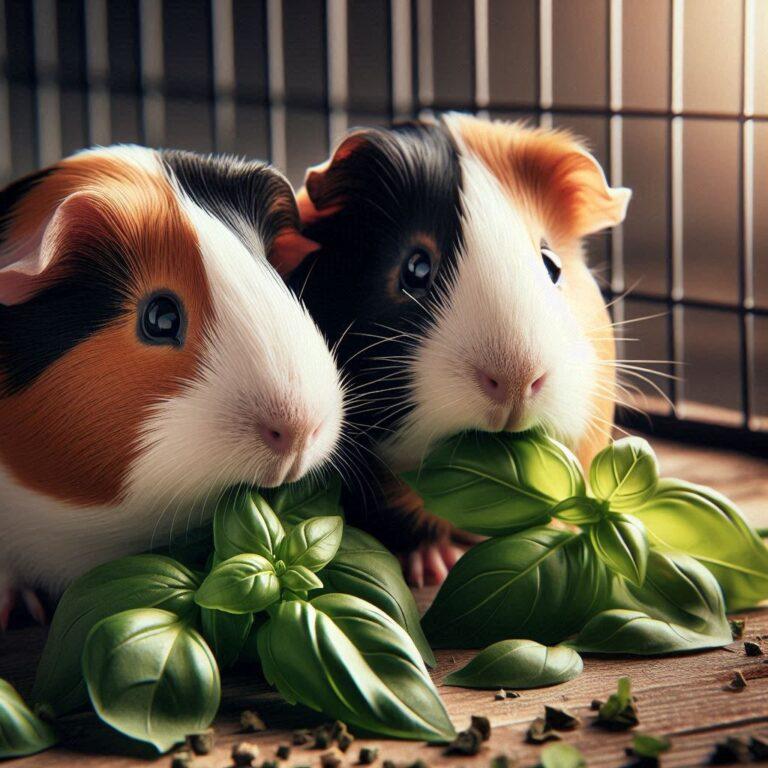 two guinea pigs nibbling on some fresh basil leaves