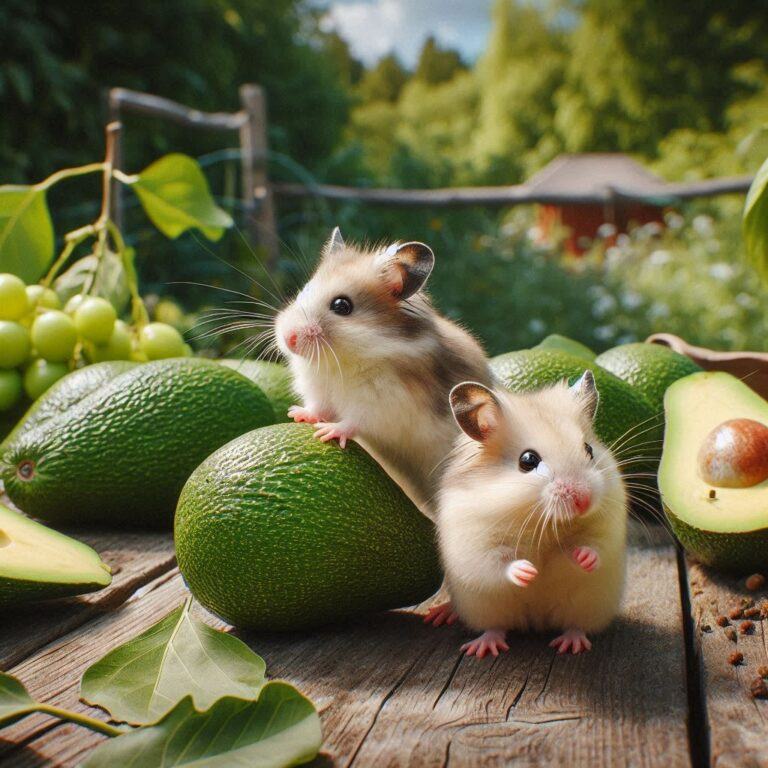 two hamsters looking disinterested in the fresh avocados around them