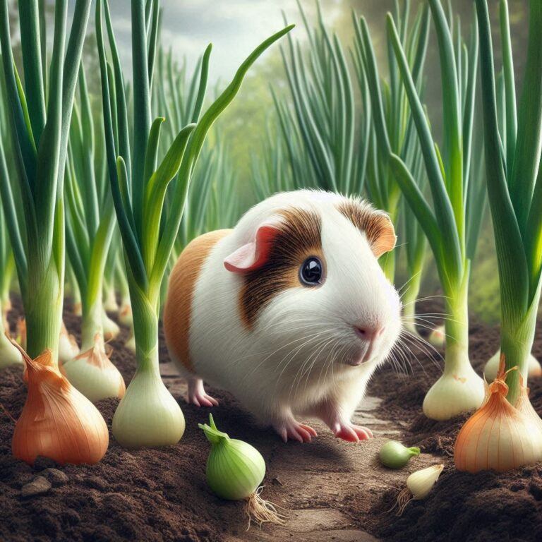 a guinea pig walking past some onions growing in the garden