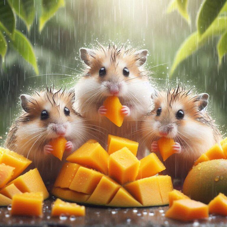 three hamsters nibbling on some fresh mango on a rainy day in the garden