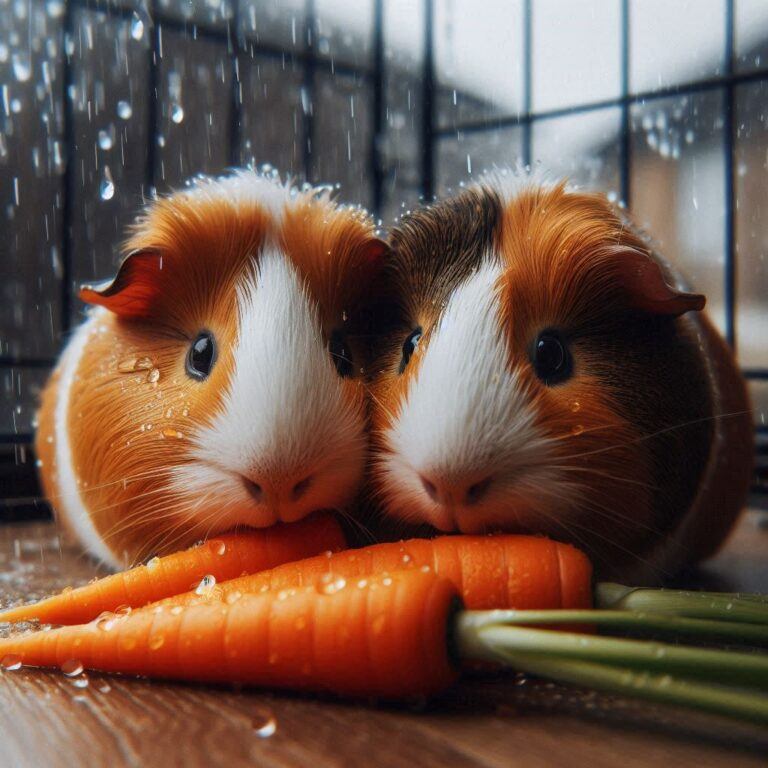 two guinea pigs munching on some fresh carrots in their cage on a rainy day