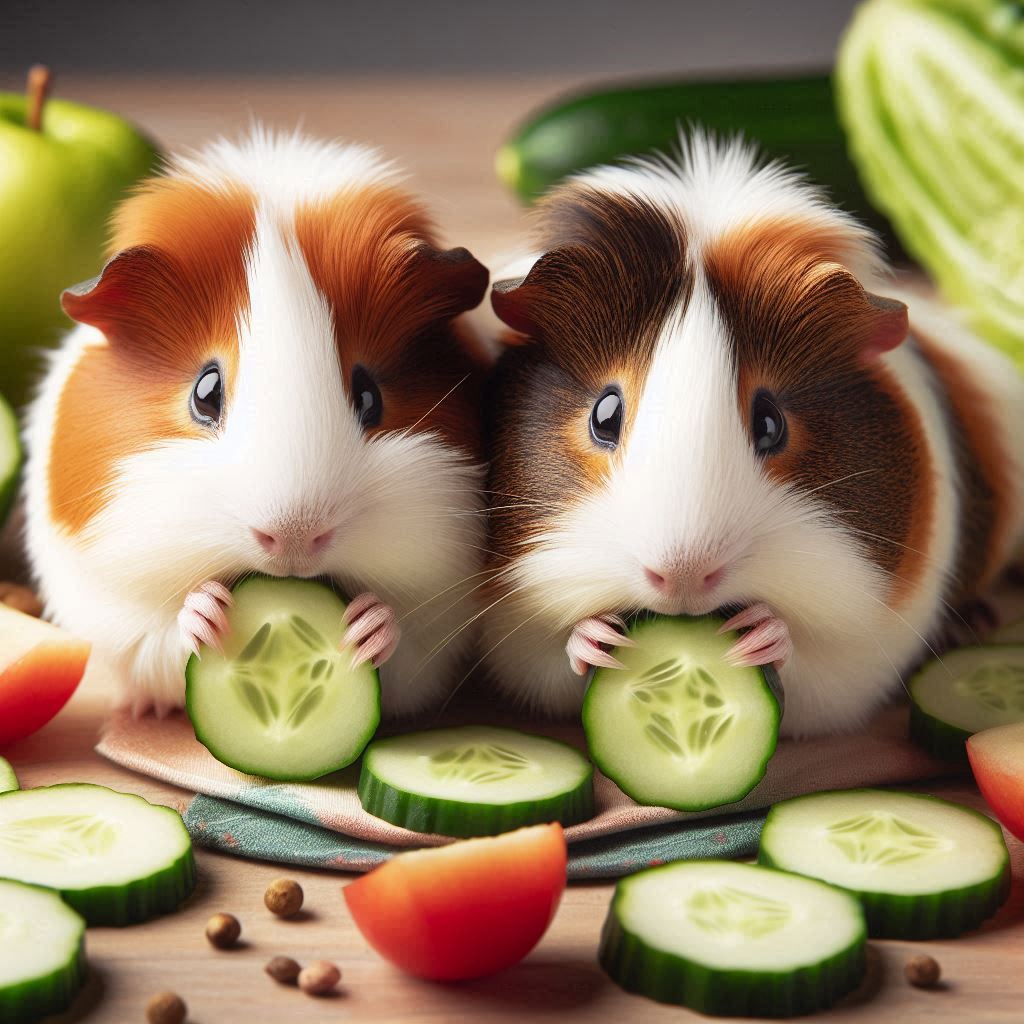 two guinea pigs eating some fresh slices of cucumber